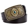 Classical Silver Carved Flower Pattern Buckle Enamel Sapphire Genuine Leather Belt For Women Men Belts Gift