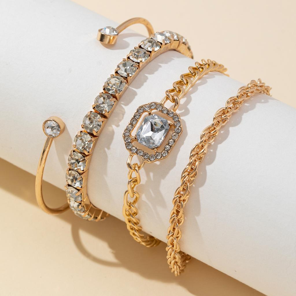 4Pcs/Set Rhinestone Decor Twisted Bangle Fashion Hollow Chain Layered Hand Geometry Simple Open Bracelet For Women Birthday Gift