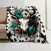 Country-Rustic Flannel Throw Blanket with Cartoon Bull Skull and Floral Design  Non-Woven Reversible, All-Season Cozy Cover