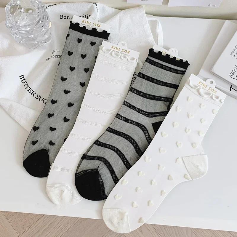 Lolita Unsichtbare Socken Damen Mädchen Sommer Seidenspitzensocken Kristallseide Liebesherz Söckchen Schwarz Weiß Transparent JK Socke