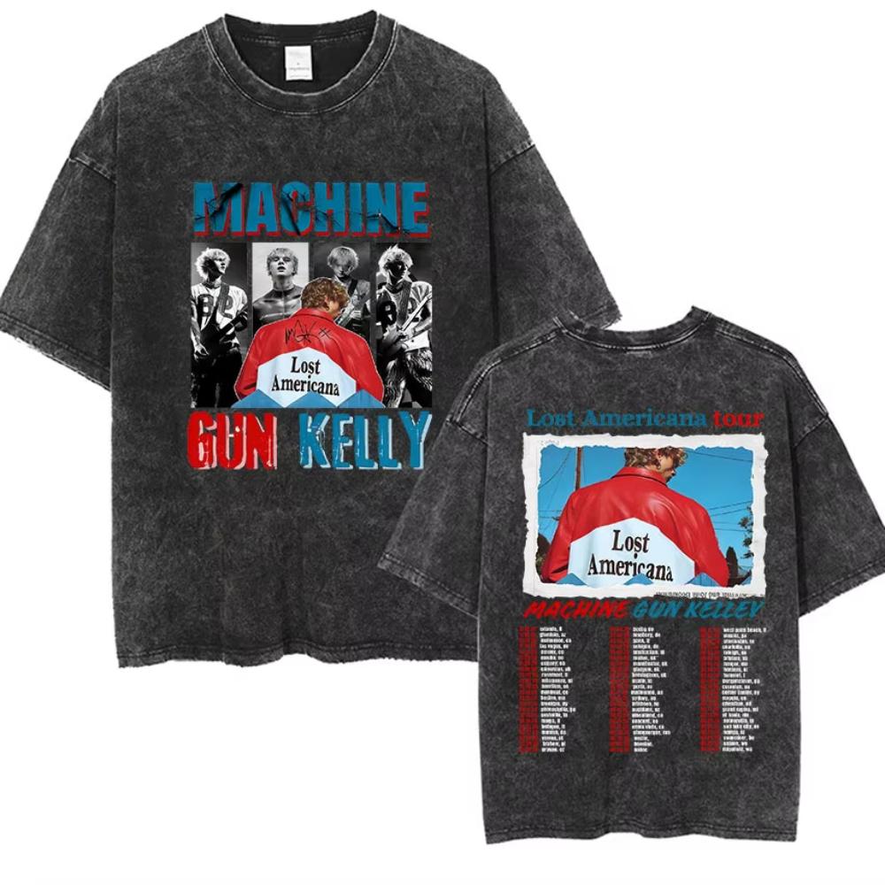 Vintage Machine Gun Kelly MGK Lost Americana Tour  Washed TShirts Mans Women Hip Hop Short Sleeve Tshirts Streetwear