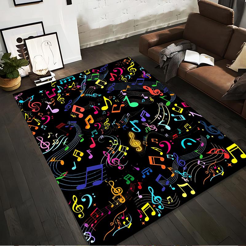 Colorful Musical Notes Pattern Carpet, Black Background Home Decor Suitable for Use As an Anti-slip for Living Room Bedroom Sofas