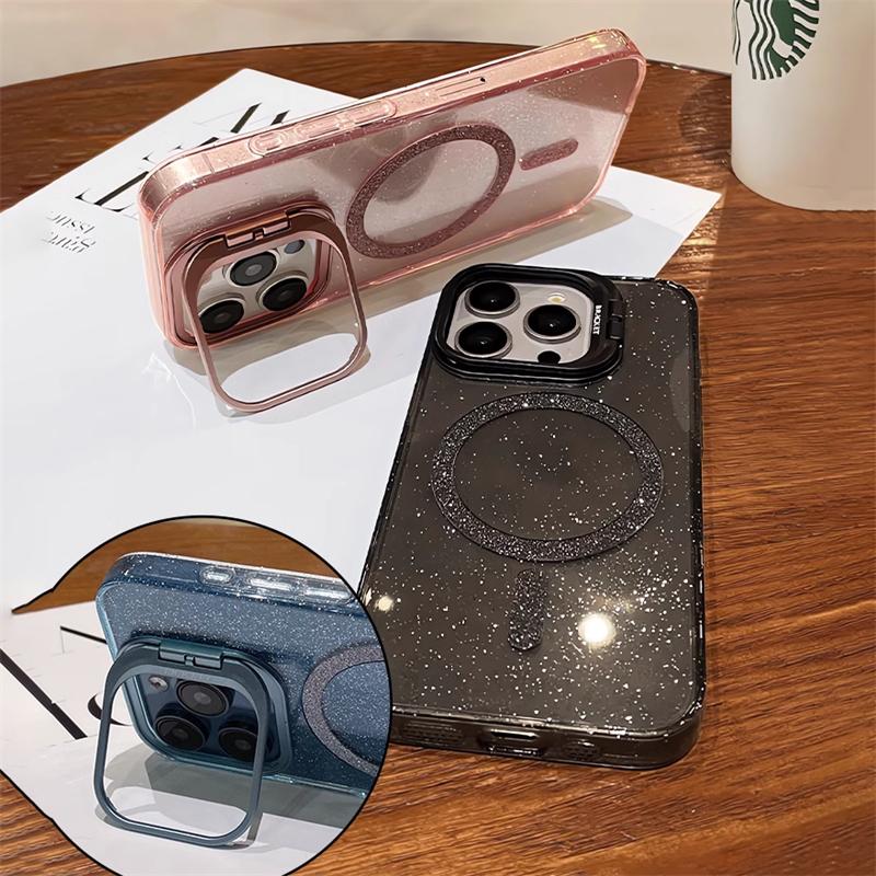 Bling Glitter für Magsafe Wireless Charge Case für iPhone 14 13 11 12 15 Pro Max Kamerahalter Klare harte Acryl-Magnetabdeckung