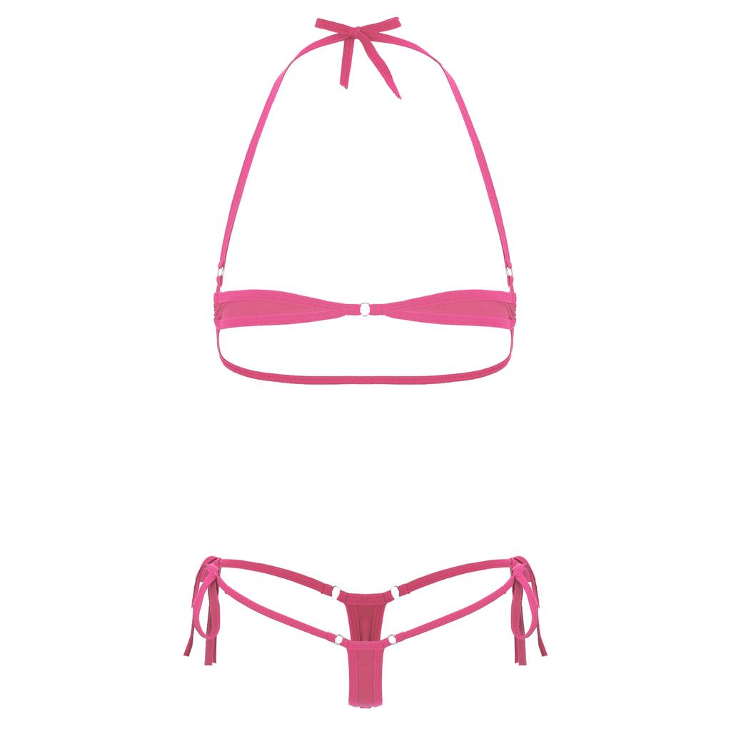 Set Bikini cu Șireturi și Gât Înalt pentru Femei, Tanga cu Talie Joasă, Costum de Baie Micro din Două Piese, Lenjerie Intimă de Plajă