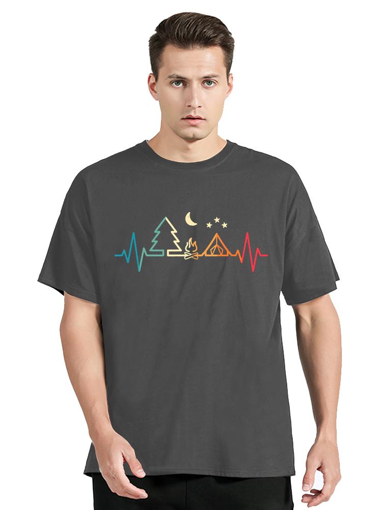 Retro Camping Outdoor Heartbeat Nature Camper Hiking T-Shirt Fashion Summer O-Neck Tops T Shirt Men's Clothing Cotton Tshirt