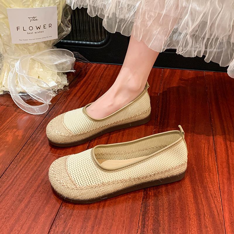 Straw fisherman shoes women's new summer hollow mesh shoes one pedal maternity shoes breathable shallow mouth single shoes mother