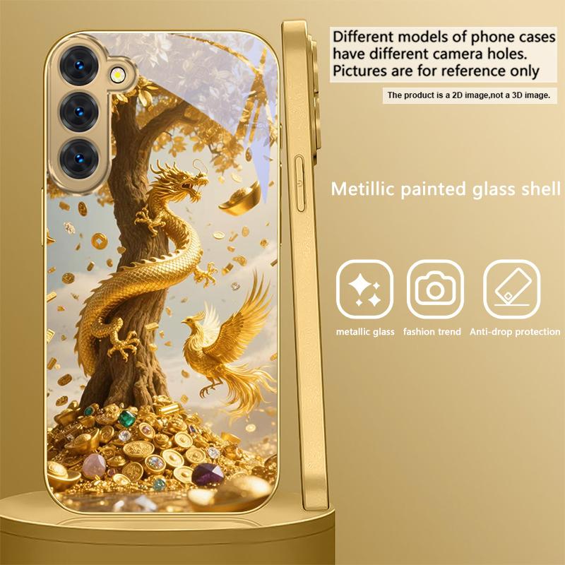 Golden Dragon Coiling For Samsung Galaxy S20 FE S21 S22 S23 Plus S24 Ultra S25Ultra S21+ S9+ S22Plus Golden Glass Phone Case