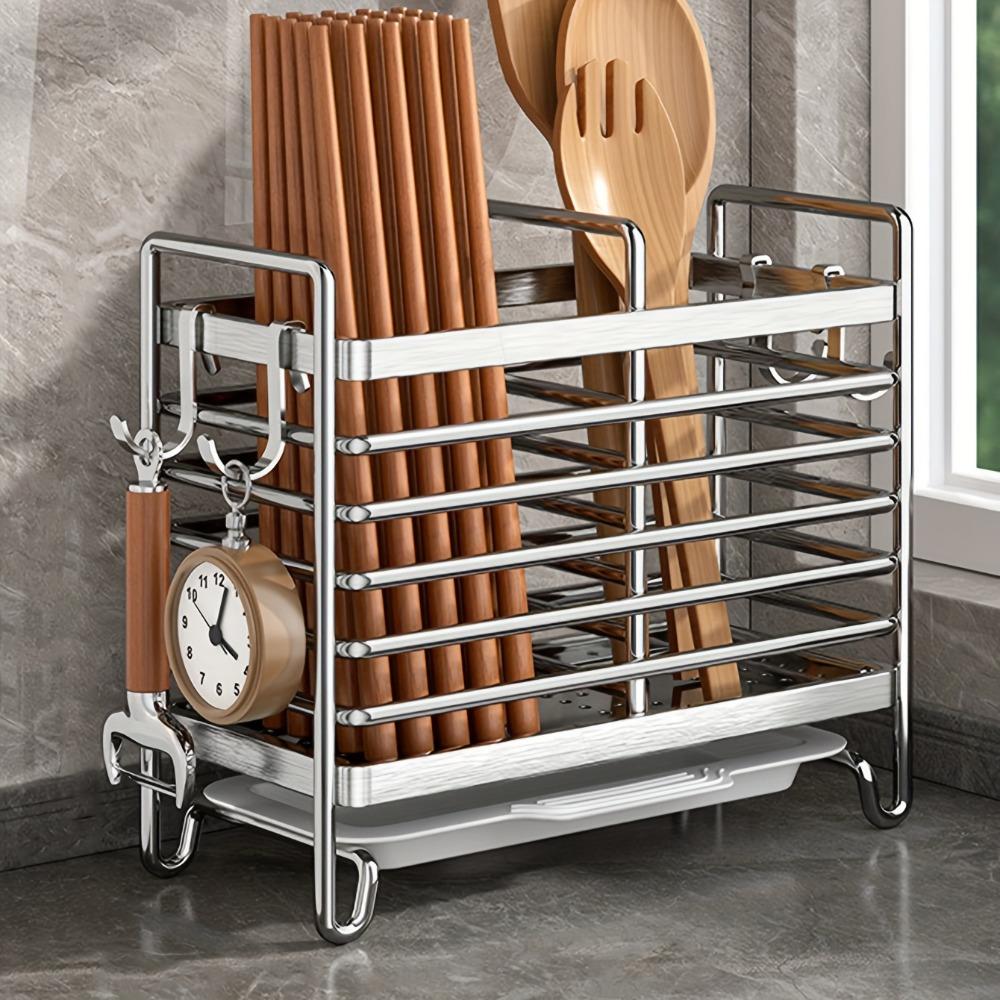 Rostfreies Edelstahl-Stäbchen-Abtropfgestell mit Haken Abtropfschale Stäbchen-Organizer Platzsparend zum Aufhängen