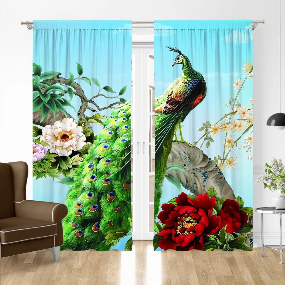 Blue Peacock Including Flower Peafowl Curtains for Living Area Premium Bedchamber Divider Left and Right 2panel