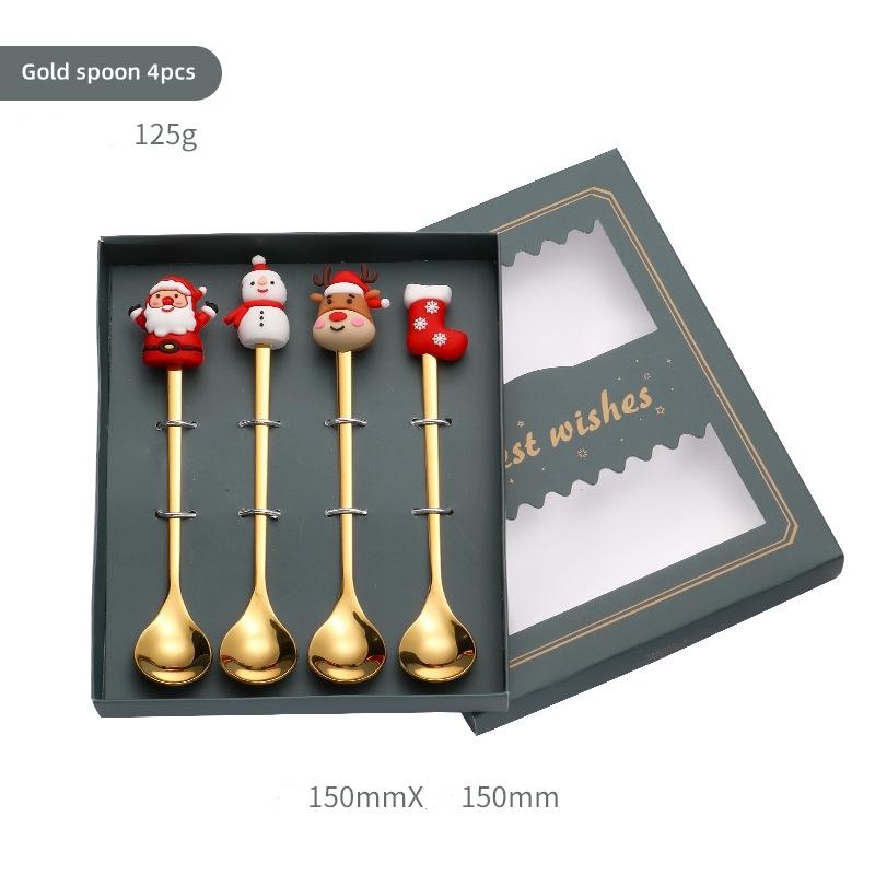 6/4PCS Christmas Gift Glod Silver Spoon Fork Set Elk Christmas Tree Decoration Dessert Scoop Fruit Fork Coffee Spoon Cutlery Set