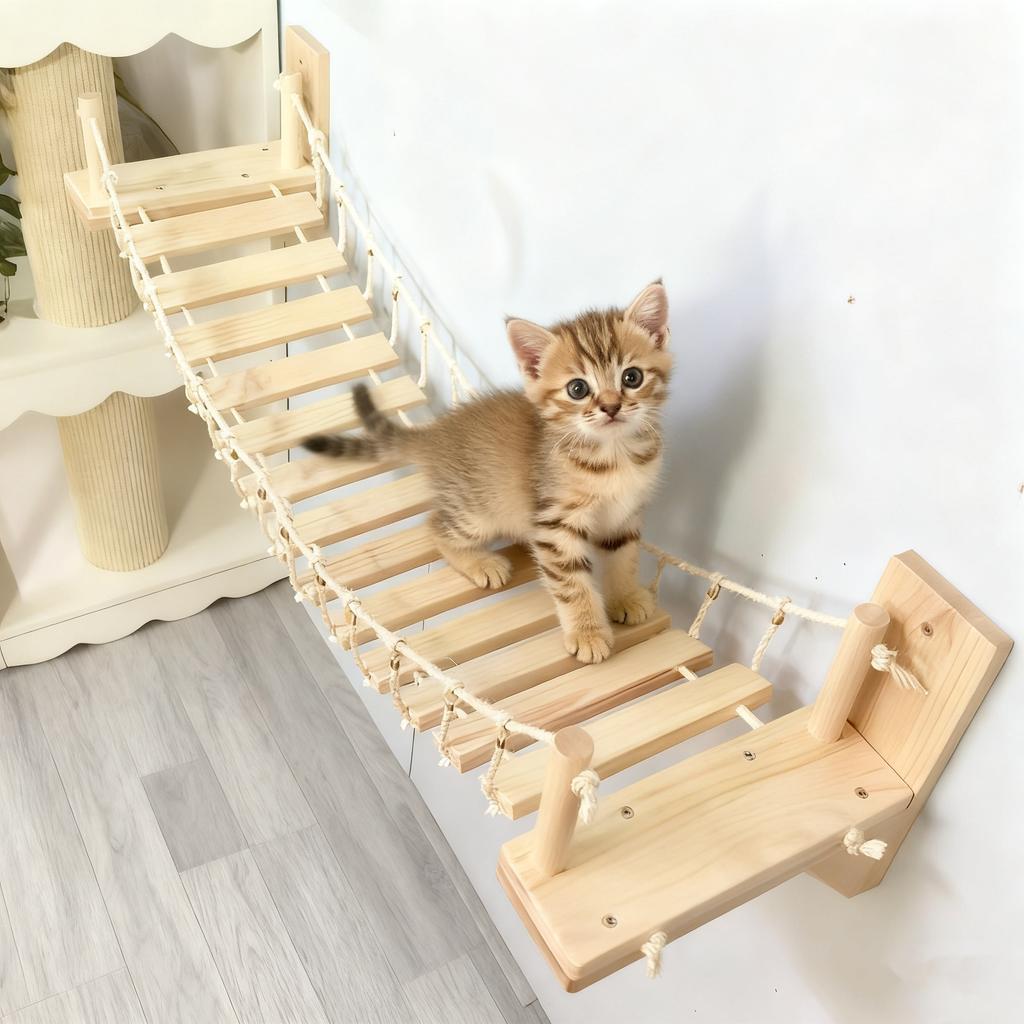 Cat Furniture Solid Wooden Suspension Bridge Wall Mounted Sisal Cat Climbing Ladder Treads For Cats to Move and Play