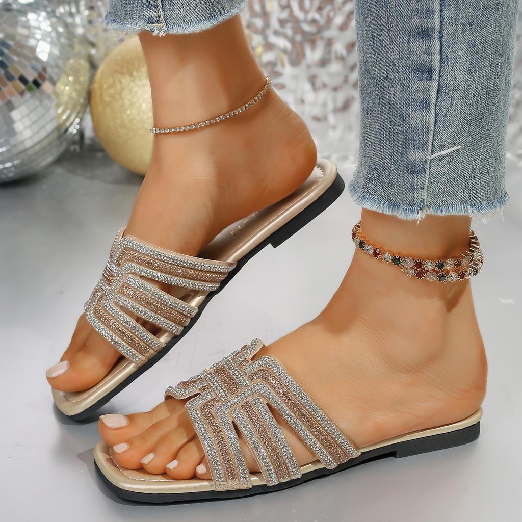 Women Slippers Summer Sexy Slippers Casual Comfortable Shoes Solid Color Crystal Sandals Square Toe Flat Heel Slippers