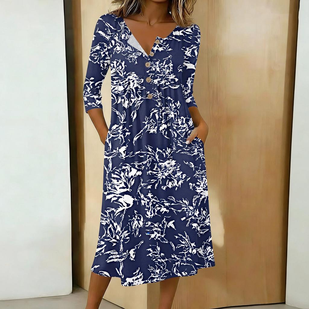 Women V Neck Floral Print Midi Dress with 3 4 Sleeve Pockets Casual Loose Fit A Line Summer Dress