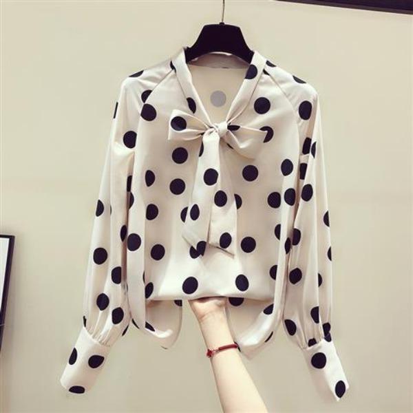Chemisier en mousseline à pois pour femme Printemps Vintage Filles Manches longues Chemisier Haut