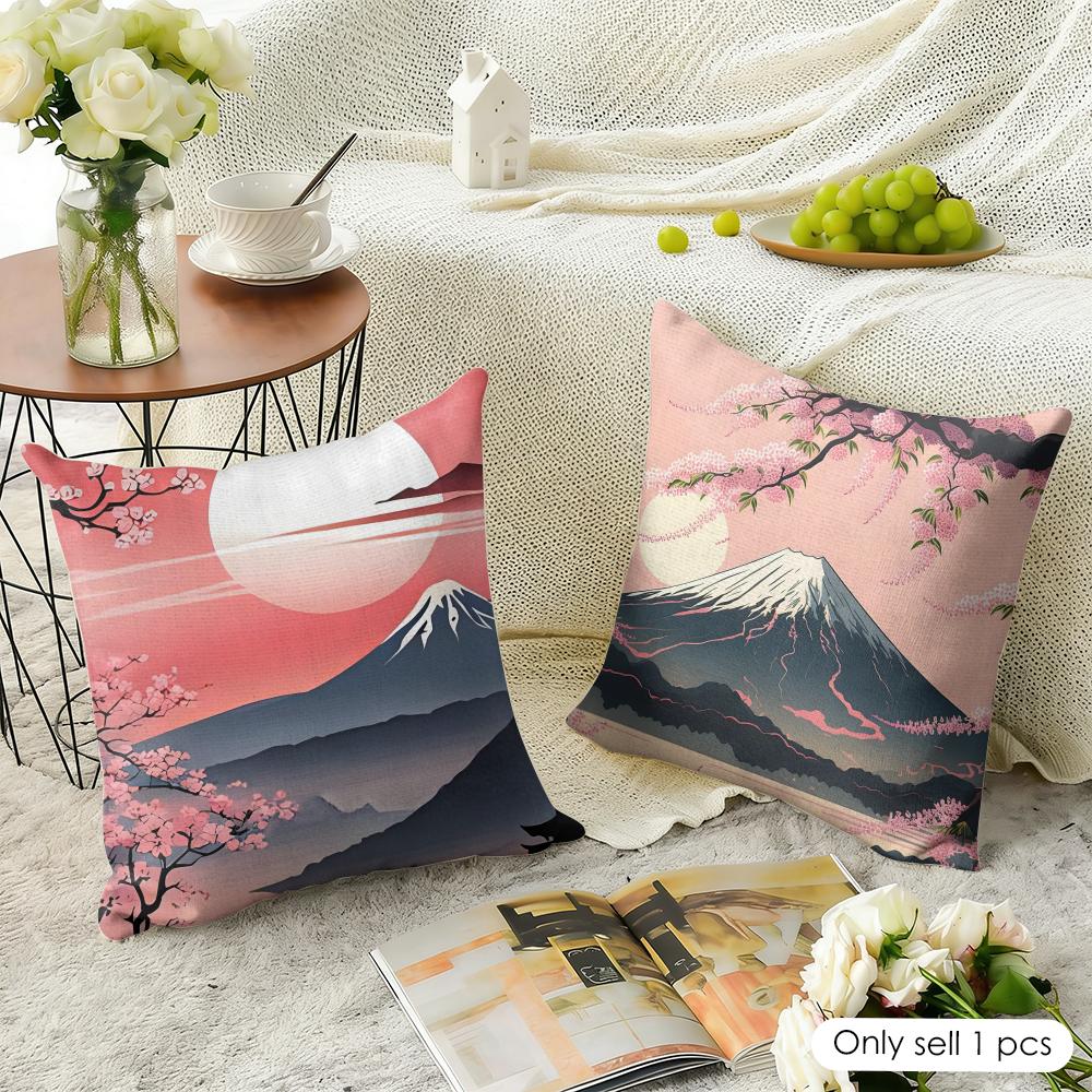 Japenes Mount Fuji Cushion Cover Natural Linen Organic Fabric DoubleSided Printing Sofa Home Decor Gift Pillow Case