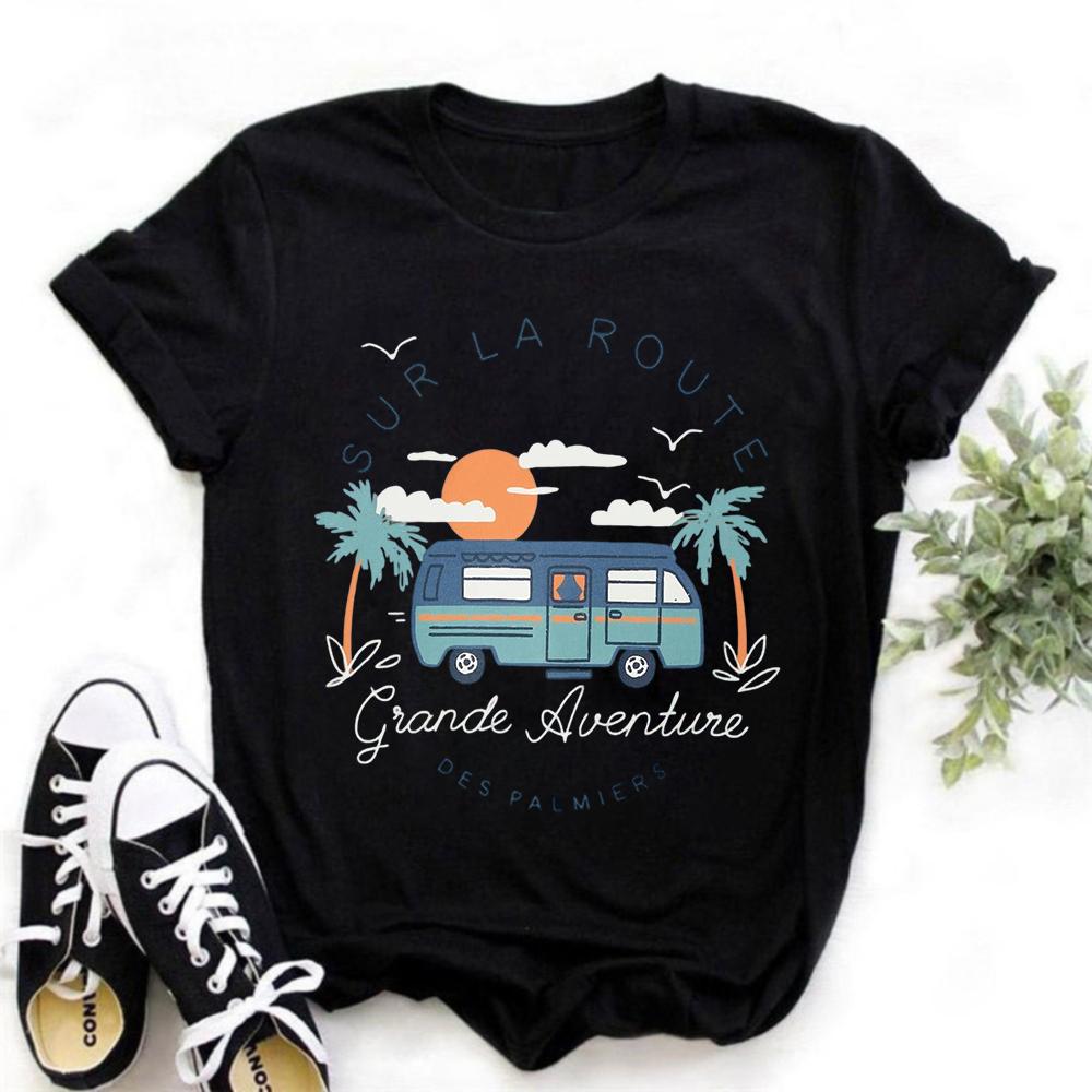 Vintage Black Oversized T-Shirt Retro Adventure Camper Van Camping Print Streetwear Cotton Short Sleeve Tee
