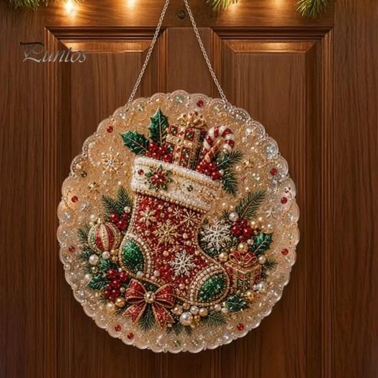 Winter Festival Party Accessories Christmas Faux Pearl Art Kit, DIY Rhinestone Gem Painting Craft, Santa Tree Front Wall Hanging Ornaments Stocking