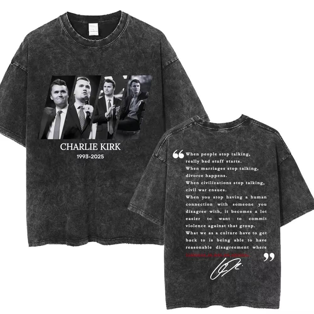 Justice for Charlie Kirk Freedom Washed T Shirts Fashion Men Women Vintage T Shirts Oversized 100% Cotton Casual Tees Streetwear