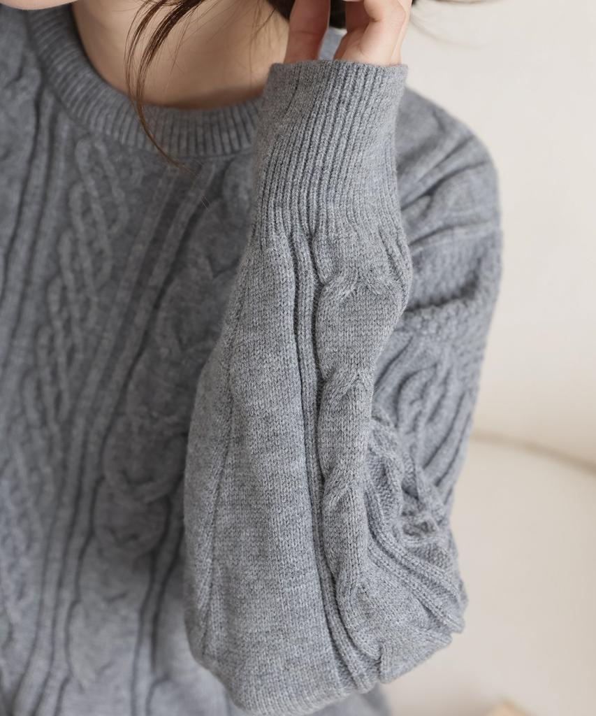 Ppaeppae Round Neck Voluminous Cable Knit Loose Fit Long Sleeve Knit T-Shirt 4 Colors