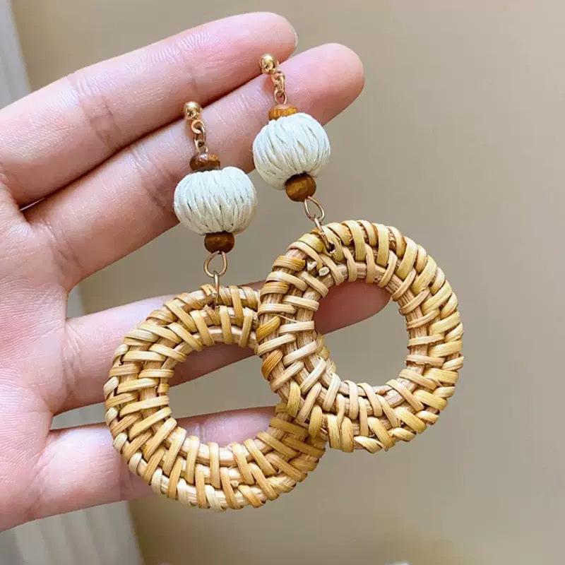 Bohemian Bamboo Rattan Seashell Tassel Earrings for Women