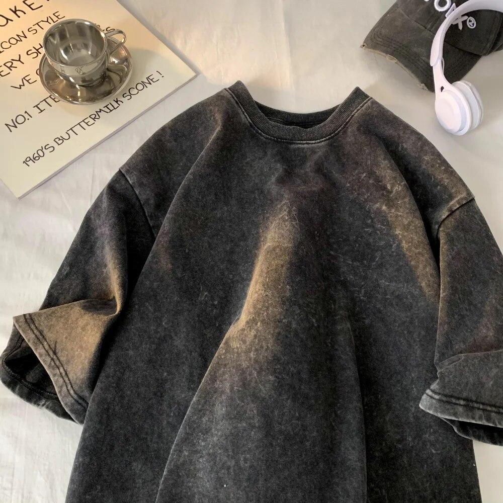 230G Baumwolle Retro T-shirt Drop-schulter Hülse Männer Frauen Vintage kurzhülse T Shirts Einfarbig Hip hop Lose Tees