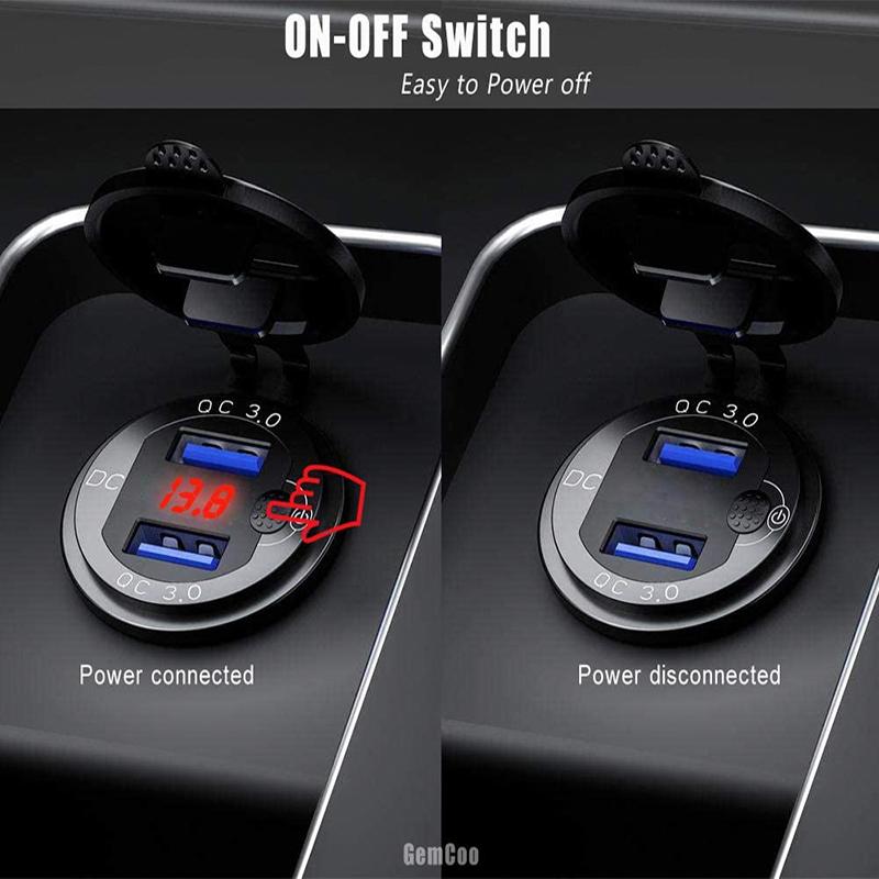 12V/24V Dobbel USB QC3.0-uttak Billader USB-tenneruttak Vanntett Med LED-voltmeter PÅ/AV-bryter Hurtigladeadapter Biltilbehør