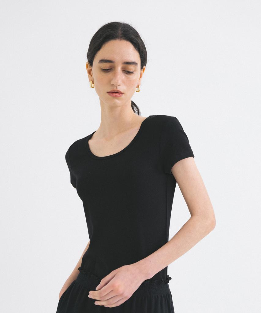 Siyajyu Sitp5201 Retro U-Neck Slim Short Sleeve T-Shirt_Black