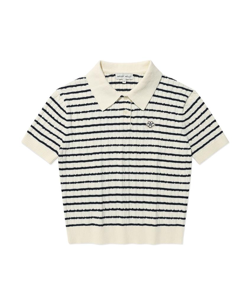 WACKY WILLY Women'S Cable Collar Short Sleeve Knit Navy