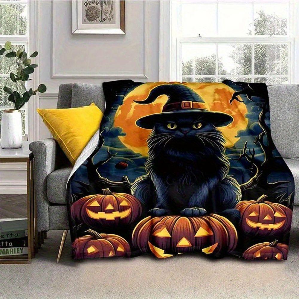 Halloween Black Cat and Pumpkin Print Flannel Throw Blanket Soft Warm Bed Sofa Cover, Cozy Decorative Fleece Bedspread for Holiday Home Decor