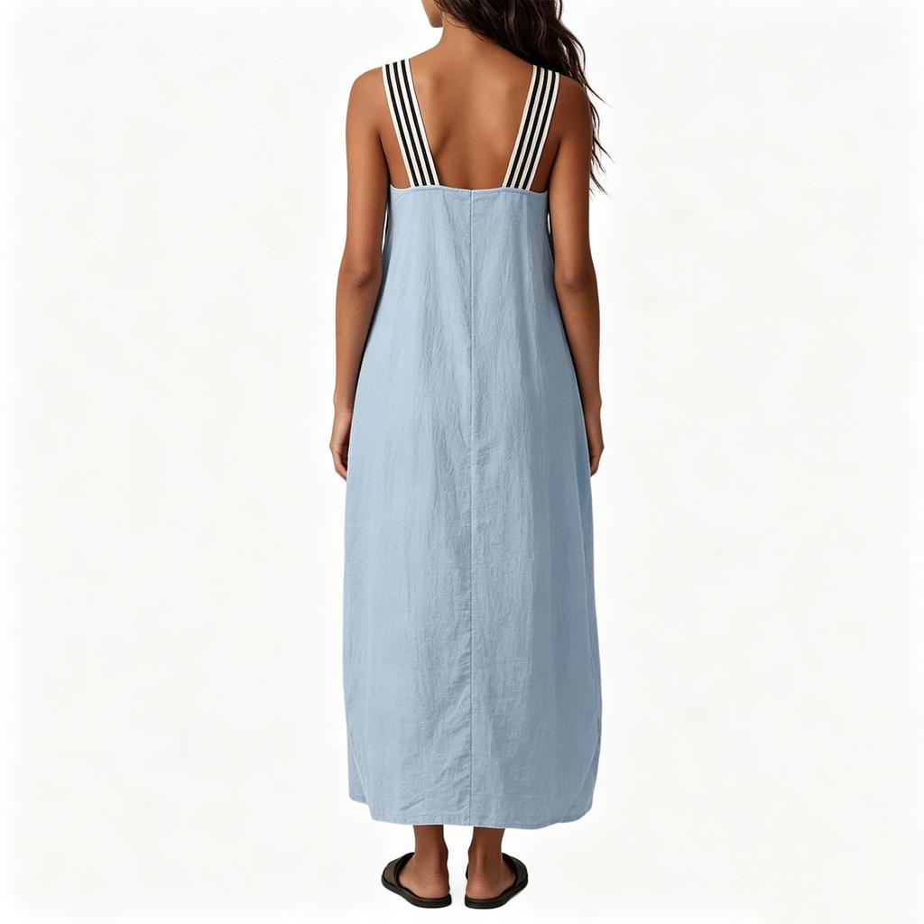 Women Sleeveless Loose Fit Casual Long Dress with Adjustable Striped Straps Lightweight Summer Maxi Dress for Daily Wear