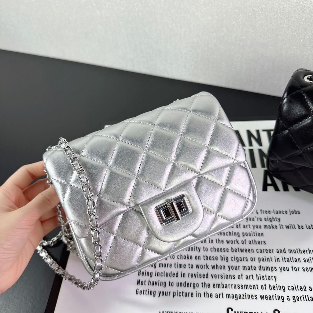 New Sheepskin Rhombus Chain Bag Silver Buckle Gold Ball Square Fat Leather Small Square Bag Single Shoulder Messenger Bag Women