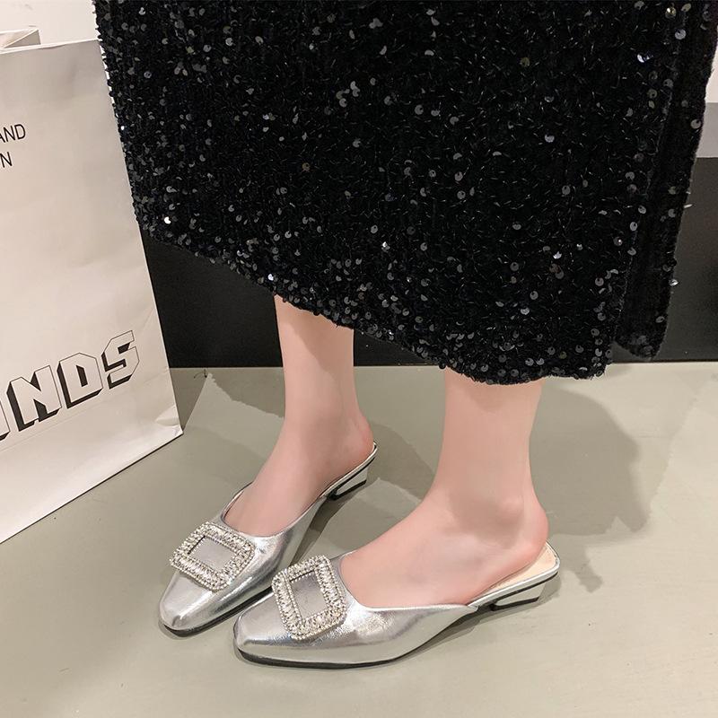 2025 New Simple Pointed Temperament Rhinestone Buckle Single Shoes Women's Outer Wear Bag Head Half Slippers Fashion Casual Muller Shoes