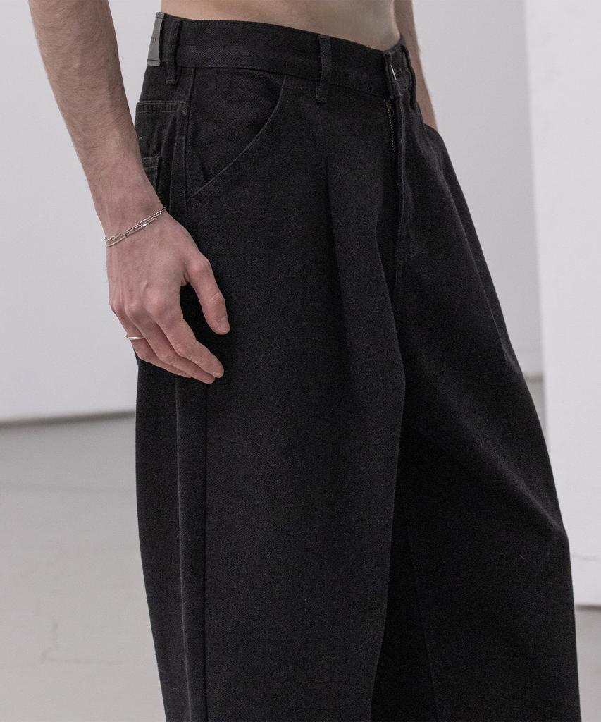 Dekkoloso Washed Cotton One-Pleat Wide Pants [Black]