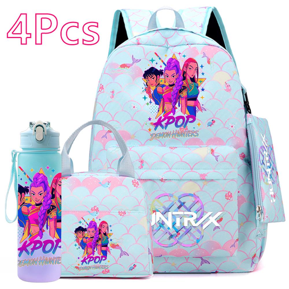 Set 4 pezzi/set Anime Carino Stampato Zaino Grande Capacità Borsa da Libro Borsa a Mano Astuccio con Borraccia da 750 ml Zaini Scolastici Impermeabili per Ragazzo Ragazza Mochila