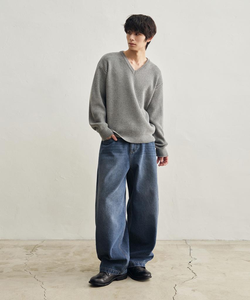 ROTEMBER Ribbed V-Neck Crop Knit [Melange Gray]