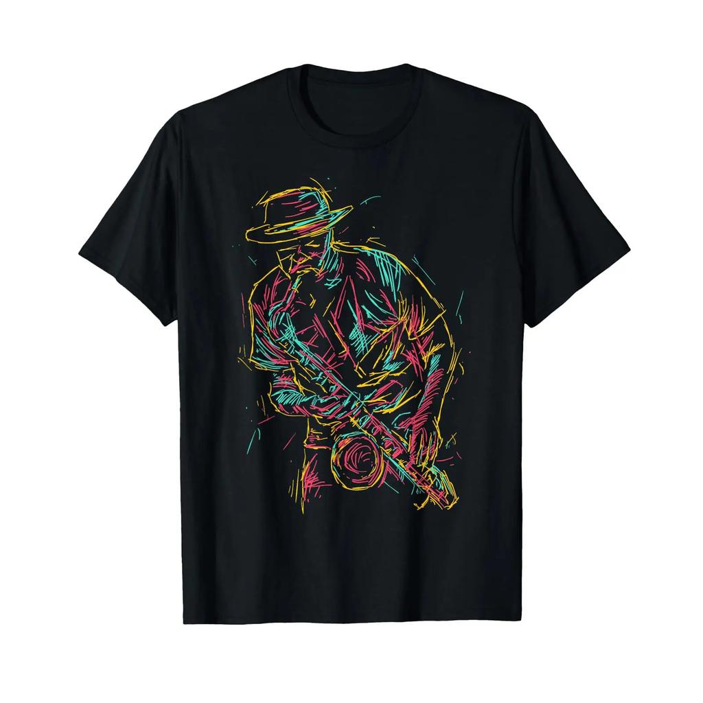 Idee Saxofonist Artă Abstractă Tricou Negru Vintage Confortabil Top Pentru Purtare Zilnică Modă Elegant
