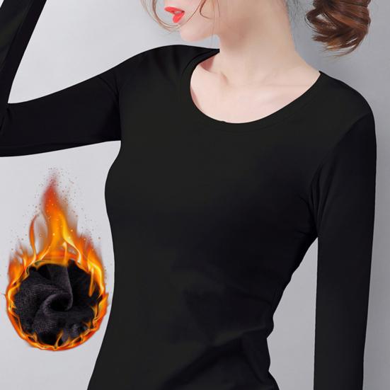 Women Thermal Tops Round Neck Long Sleeve Velvet Lining Bottoming Tops Slim Fit Solid Color Warm
