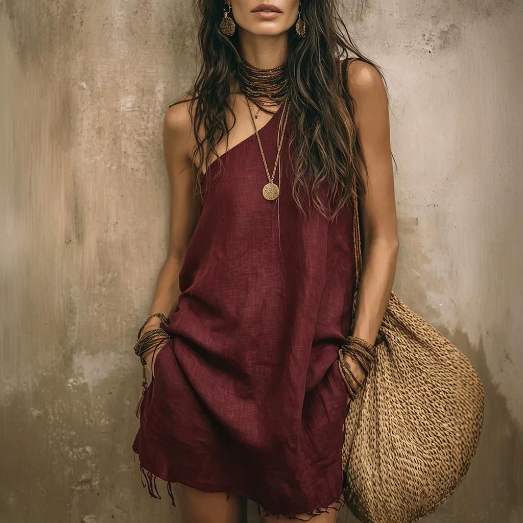 Women's Solid Color Asymmetric One Shoulder Linen Texture Loose Pocket Short Mini Vacation Dress