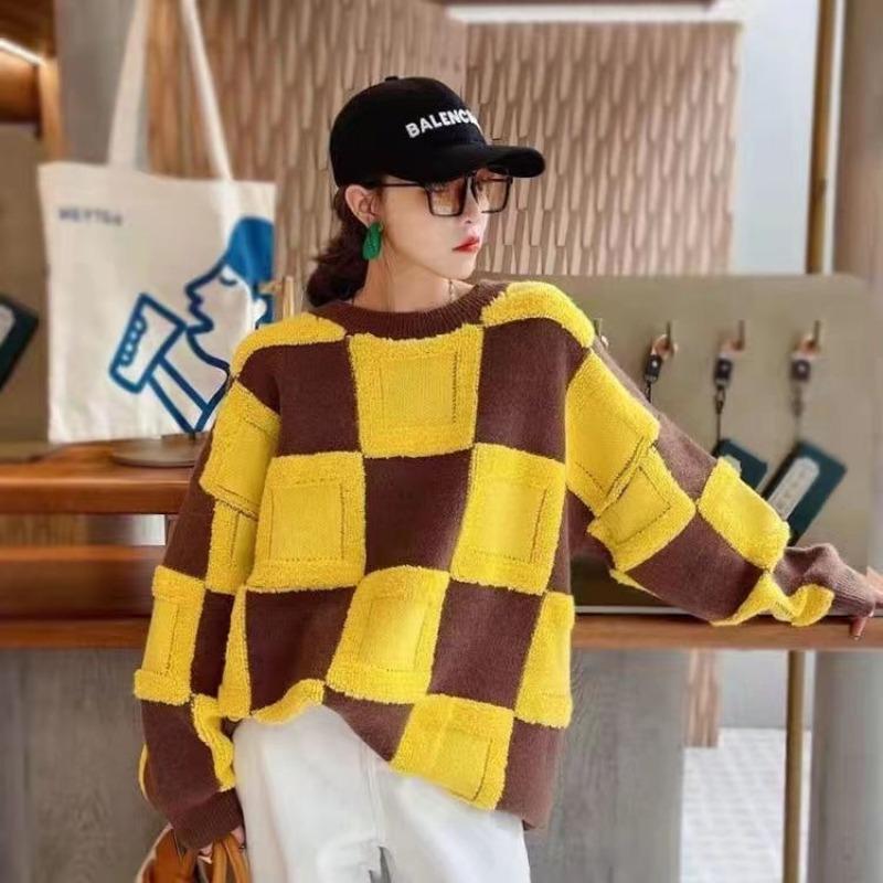 Pullover Female 2023 Spring and Autumn New Korean Edition Contrast Color Knit 3D Flocking Plaid Lazy Sweater Pullover Women Top