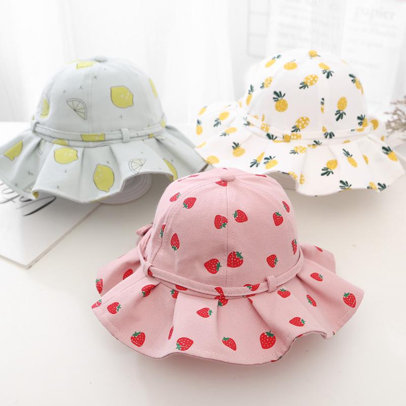 Sweet Baby Summer Hat for Girls Panama Cotton Fruit Print Kids Bucket Hats Bowknot Princess Children Sun Cap Beach Travel 1-3Y
