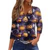 Women's V-Neck Button Halloween Three-quarter Sleeve T-Shirt Top