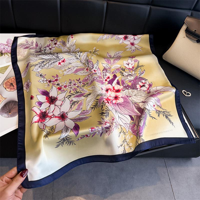 Elegant Flower Simulation Silk Printing Women's Silk Scarf Square Scarf Premium Shawl Sunscreen Neck Scarf Headscarf Scarf