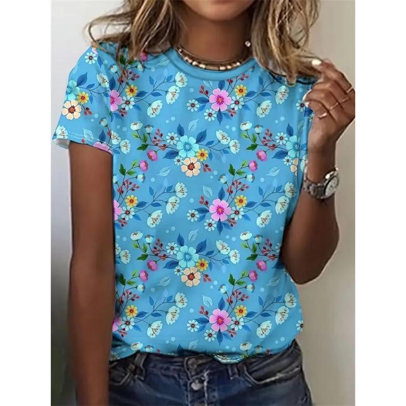 Fashion Women's Crew Neck Short Sleeve 3D Casual Color Printing Casual Short Sleeve Crew Neck T-Shirt