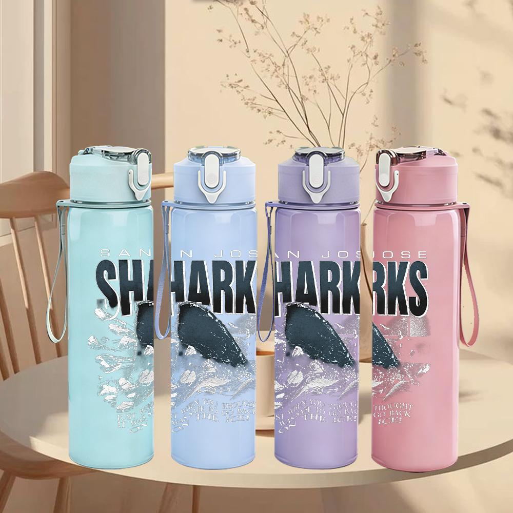 1PC Shark Animal Dark Silhouette Print 750ml Colorful Plastic Sports Water Bottle Leakproof Pop Up Lid with Straw for Outdoor Work Home Use