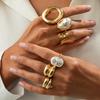 Temperament Baroque Imitation Pearl Ring Set, Hip-Hop Metal Hollow Smooth Surface Stacked Ring