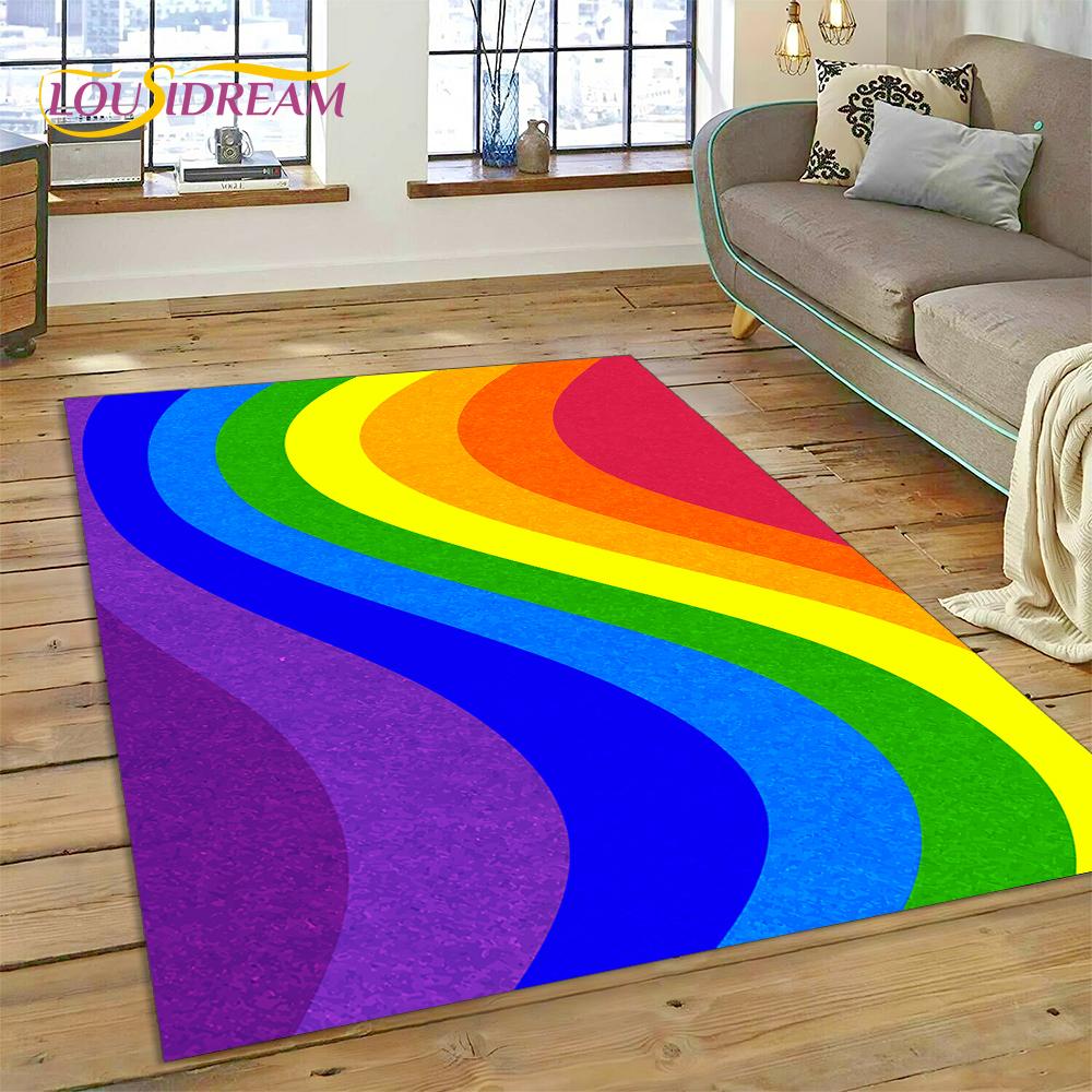 Regenbogen 3D Farbillusion Cartoon Teppich für Wohnzimmer Schlafzimmer Heimdekoration, Bodenmatte Rutschfest Dekoration für Sofa Fußmatte