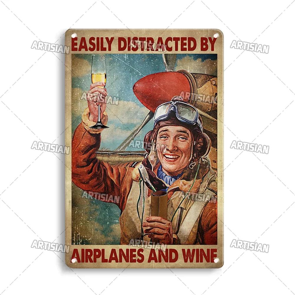 Artificial Male Pilot and Airplane Decorative Plate Vintage Metal Poster Man Cave Home Wall Decor Sign