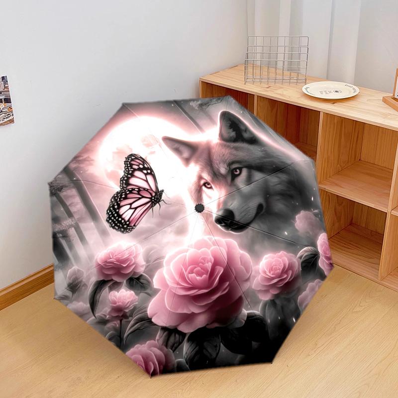 1pc Wolf Theme Pattern Umbrella Portable Folding Umbrella Iron Frame Hole Bone Structure Outdoor Home Umbrella