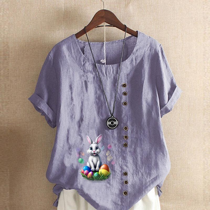 Women's Fashion Rabbit Prined Round Neck Short Sleeve T-shirt Casual Cotton Linen Graphic Shirt Leisure Loose Summer Blouse Tops