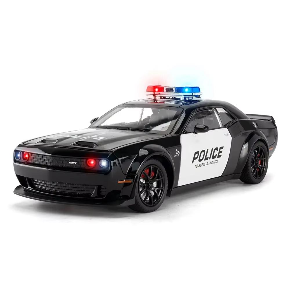 New 1:24 Police Car Hellcat Model Toy Rubber Tire Miniature Sound and Light Pull Back Light Music Vehicle Boy Collection Ornaments Adult Gift